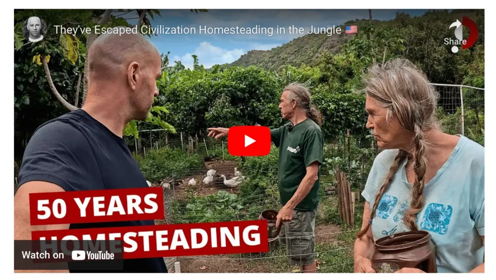 video thumb images, 50 years Homesteading shows three people outside talking Screen shot of a video featuring Robin and Dana Gorsich of Molokai